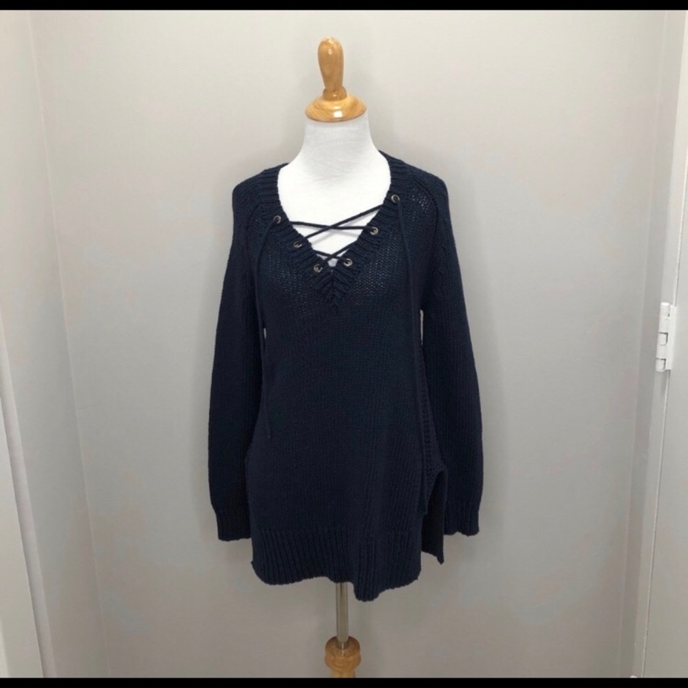 Anthropologie lace up navy sweater